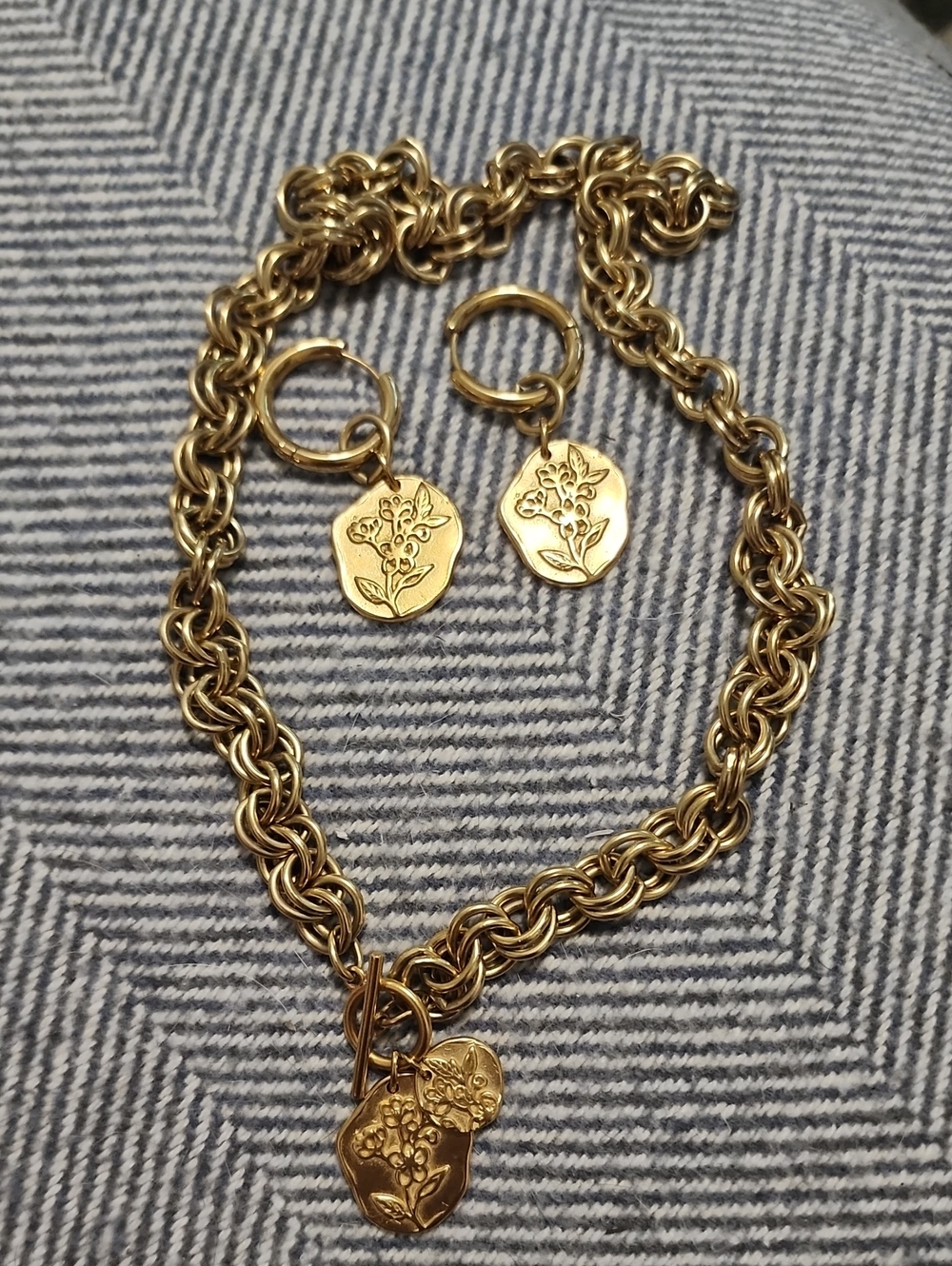 Tess + Tricia Gold Floral Charm Chain Necklace and Hoop Earrings Set